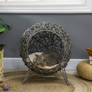 PawHut Rattan Elevated Cat Bed House Kitten Basket Ball Shaped Pet Furniture W Removable Cushion